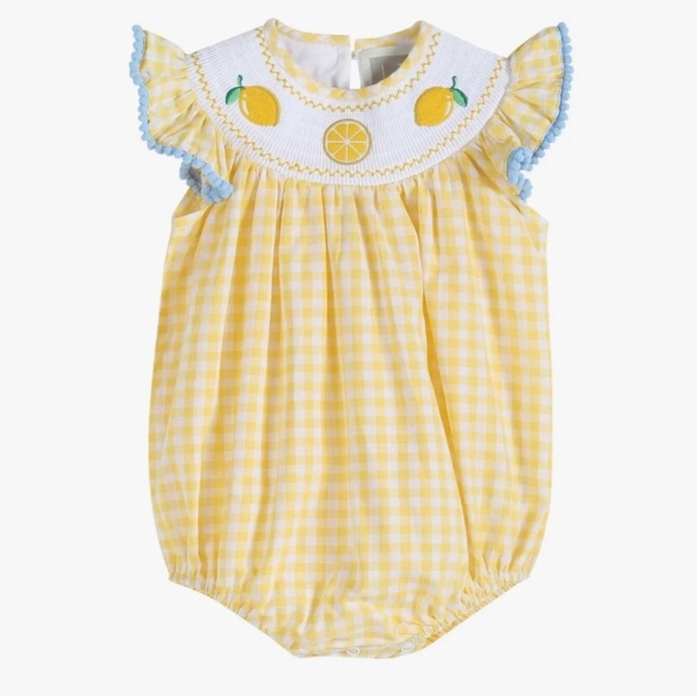 Smocked yellow plaid and lemon bubble